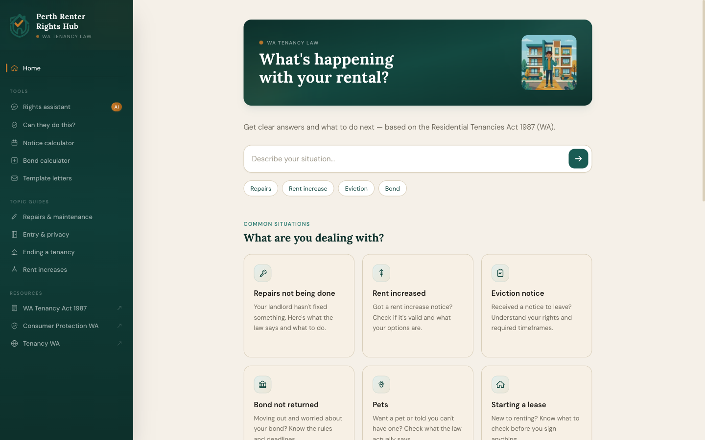 Perth Renter Rights Hub web app homepage